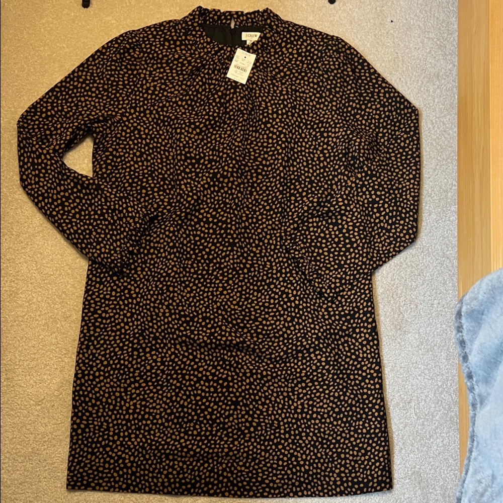 J. Crew Black Gold Brown Dot Dress with Ruffle Neck size 12 NEW with Tag $110